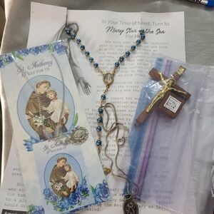Catholic Religious Blue and Gold Rosary with Cross Bundle
